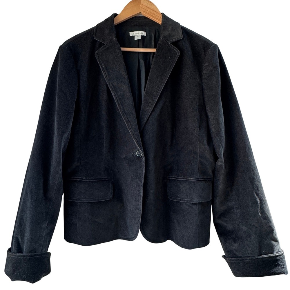 Garnet Hill Blazer Size 12 Black Velvet Single Button Classic Jacket Formal